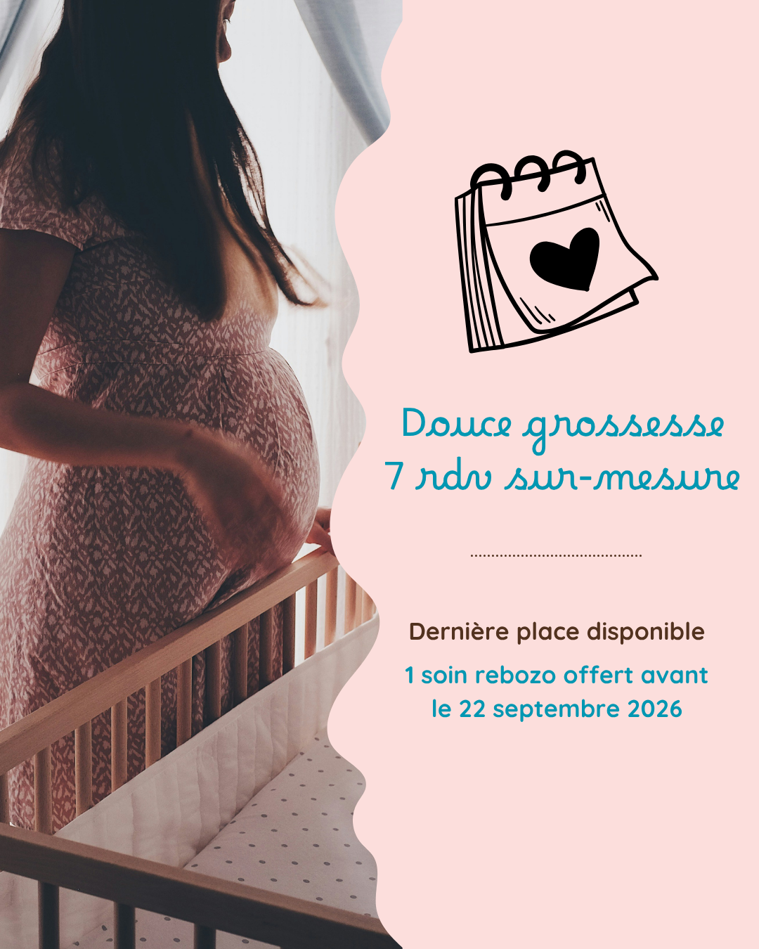 Femme enceinte de dos près d'un berceau, offre "Douce grossesse" avec soin rebozo offert - accompagnement doula dans l'Eure